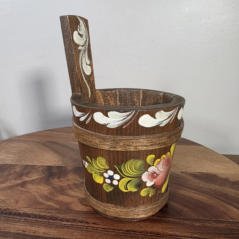Vintage Handcrafted Small Wooden Pot with Floral Design Scandinavian Antique